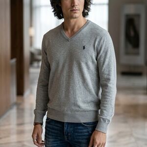 POLO🐎Ralph Lauren 100% PIMA COTTON Men's V-Neck Sweater in Gray Sx M UNISEX